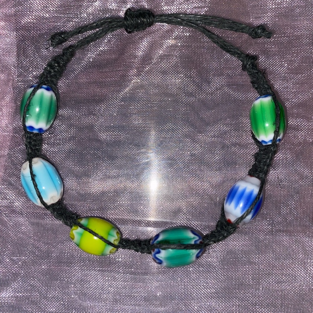 HANDCRAFTED/HANDMADE Glass Chevron Barrel Beads with Black Hemp Cord - Picture 2 of 7